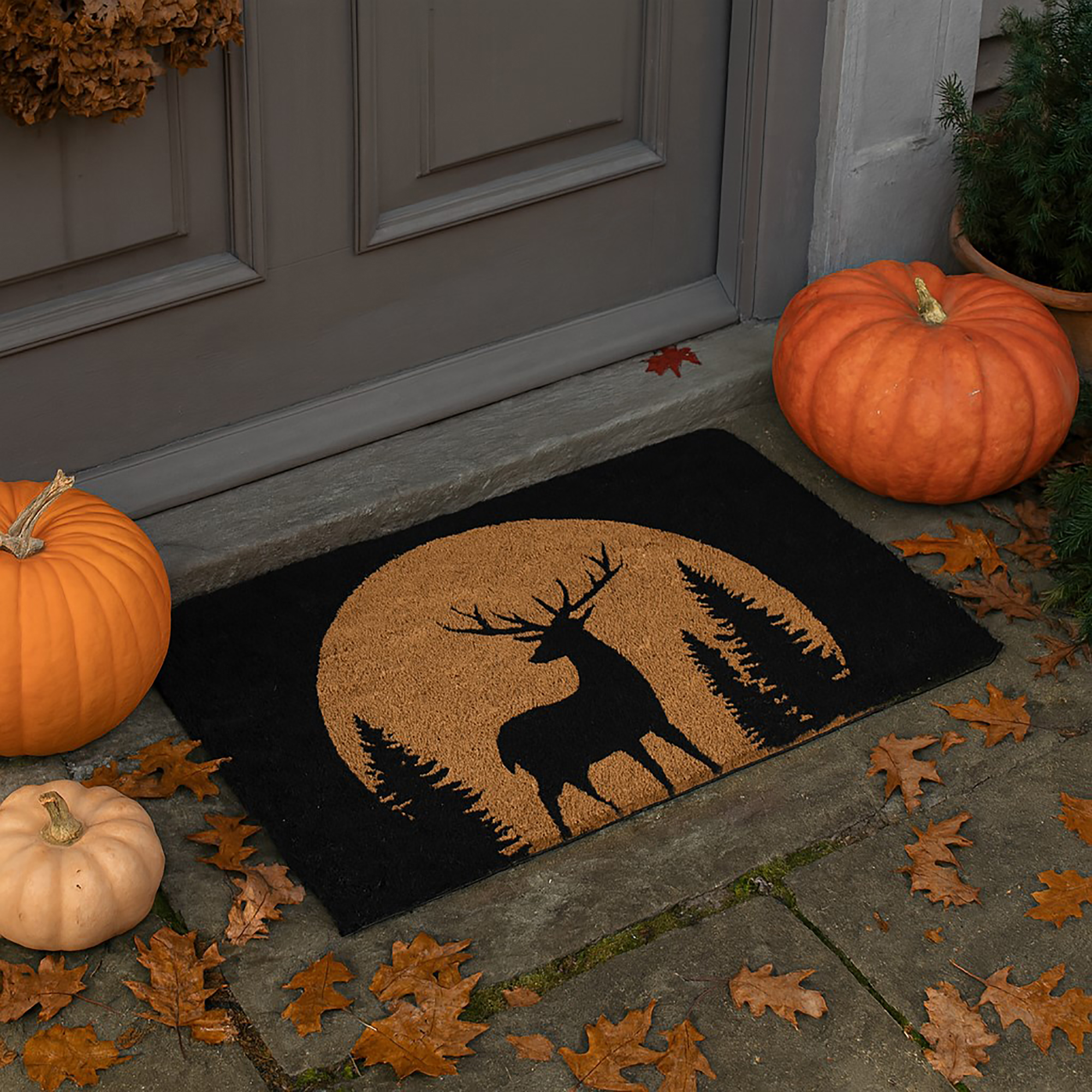 Reindeer doormat on fall porch with pumpkins