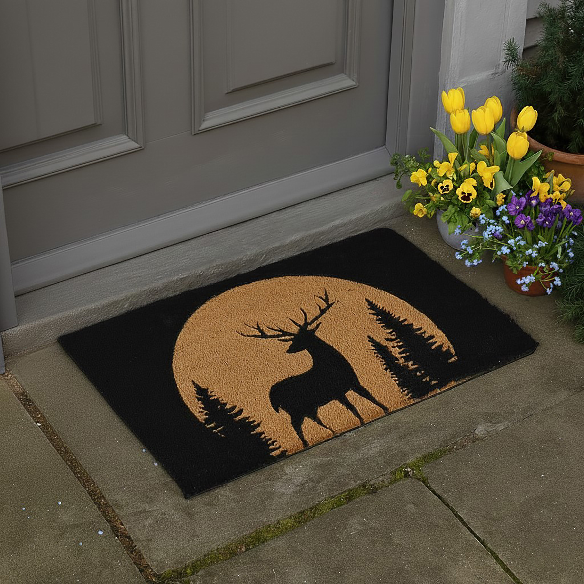 Reindeer doormat by front door with spring flowers