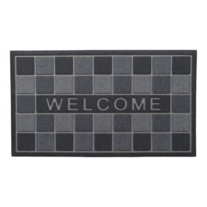 Gray welcome rubber door mat front view with square pattern