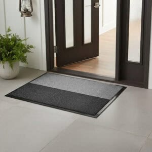 Gray and black doormat at modern doorway with plant decor