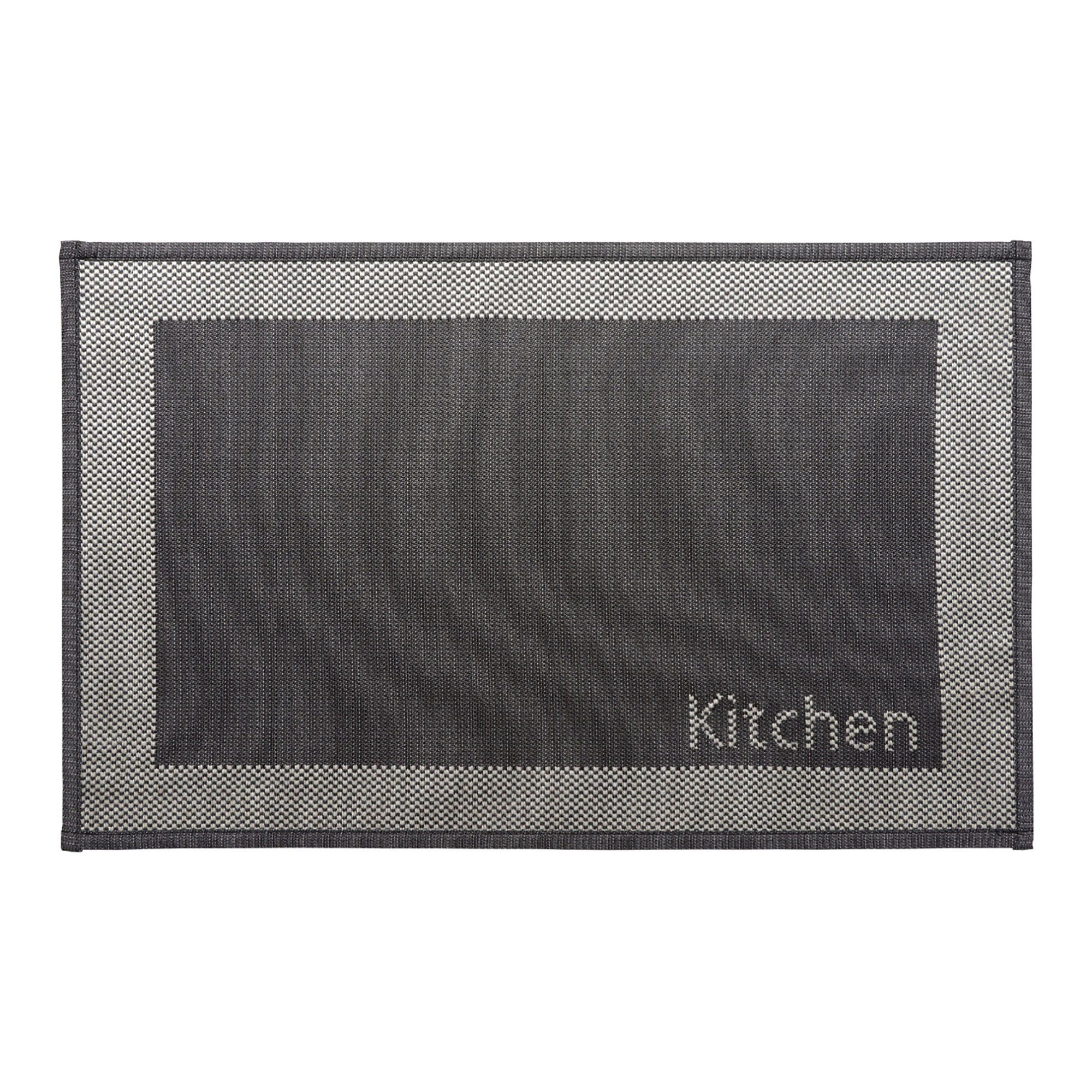 Kitchen black mat front view with woven border and kitchen text