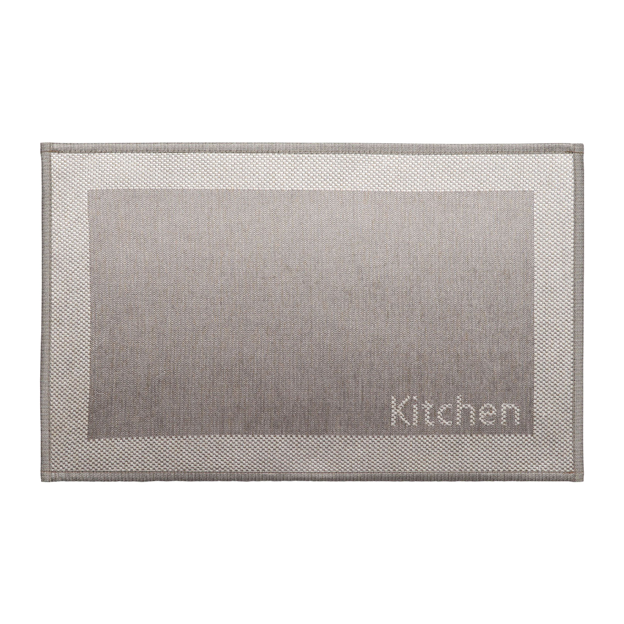 Kitchen beige mat front view with woven border and kitchen text
