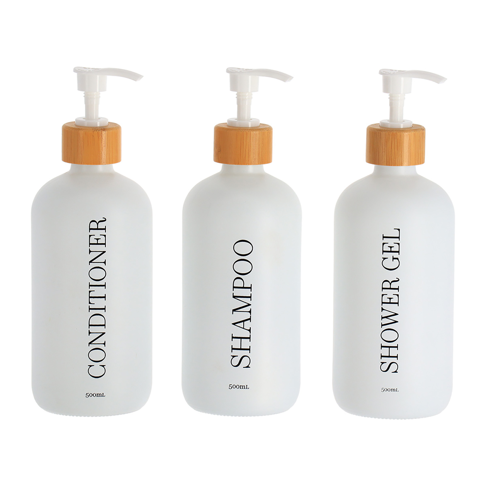Set of three white bathroom dispensers 500ml for shampoo conditioner shower gel