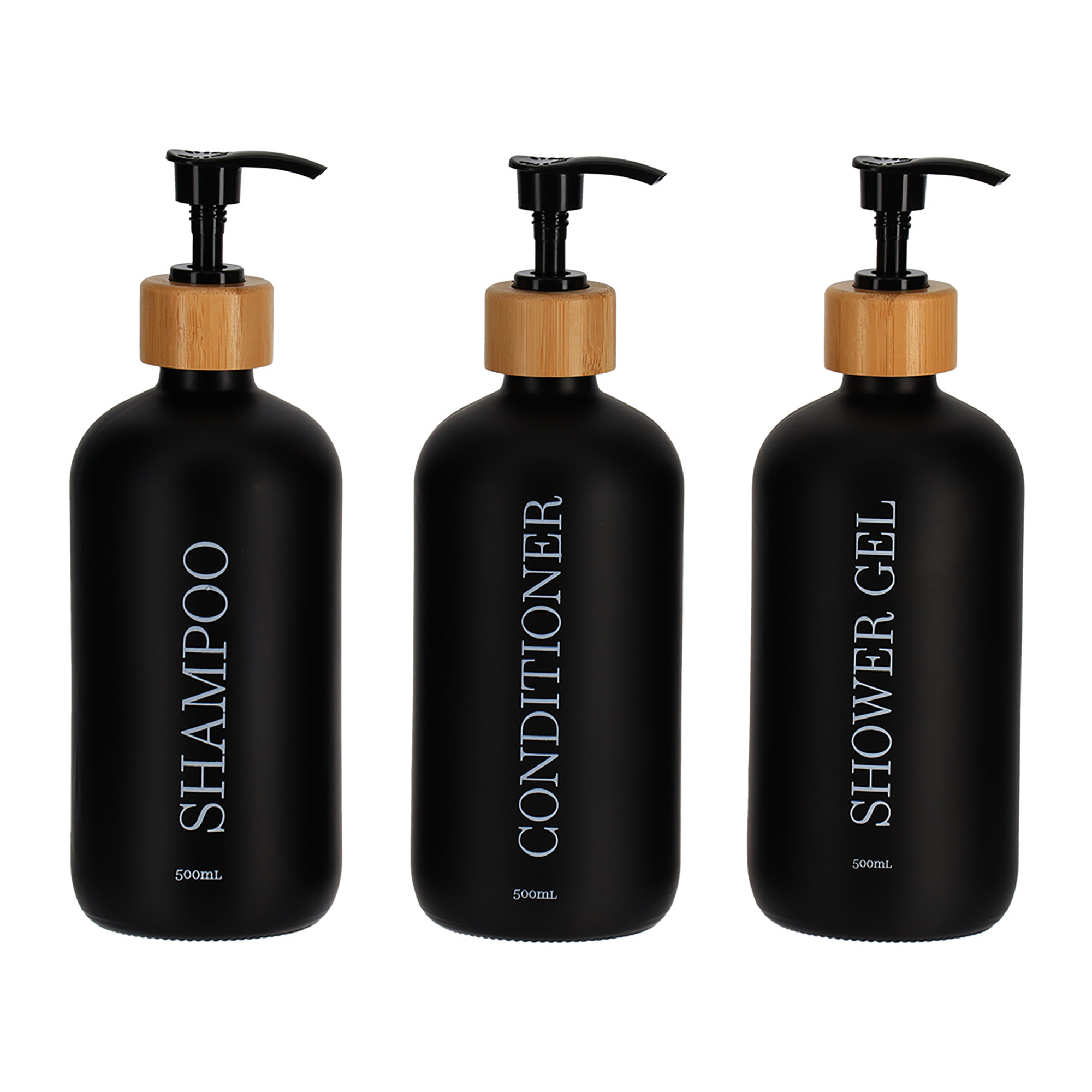 Set of three black bathroom dispensers 500ml for shampoo conditioner shower gel