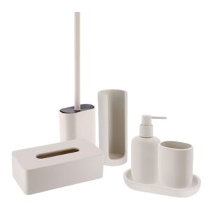 Beige 6-piece bathroom accessory set in modern Japandi style