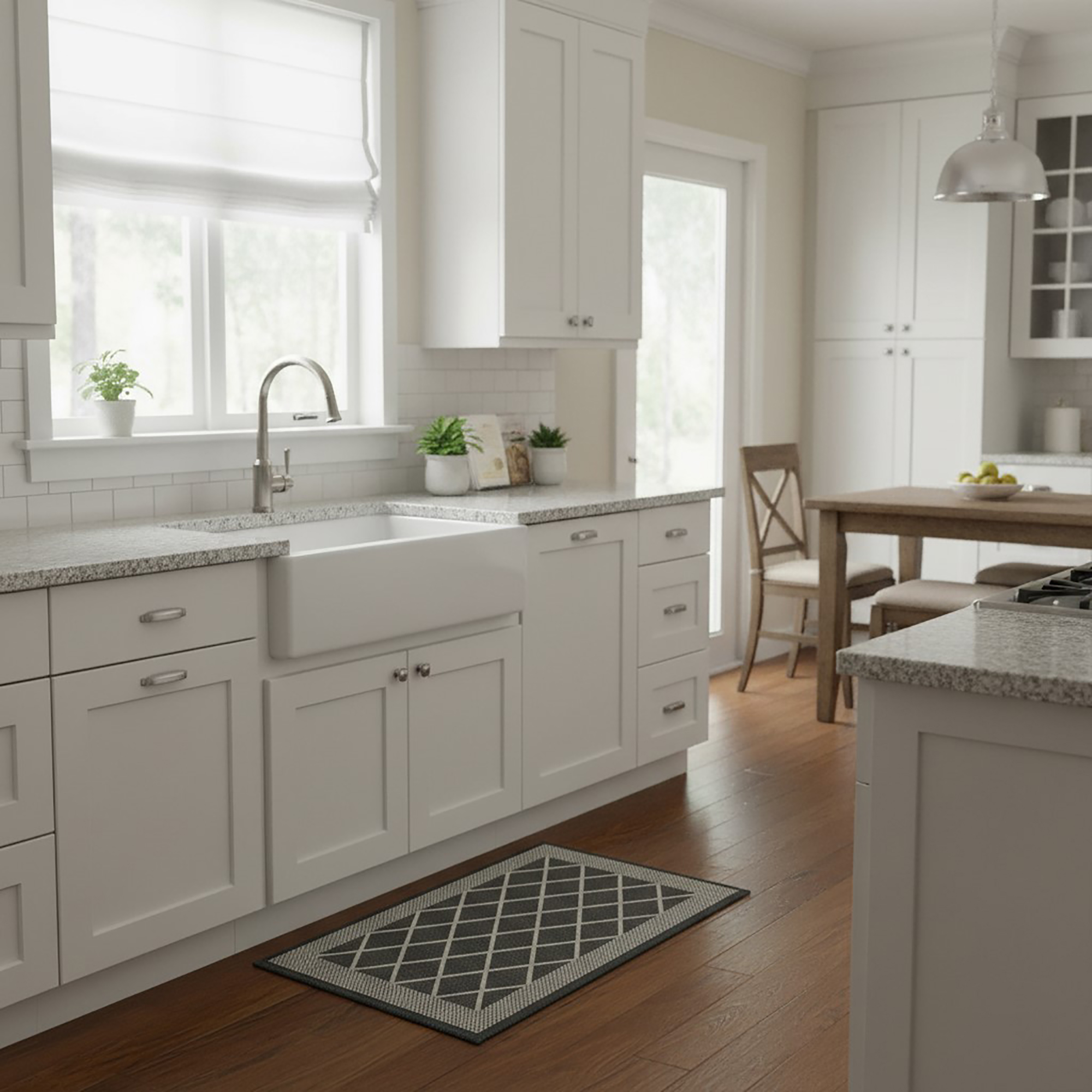 Diamond gray kitchen mat placed in bright white kitchen space