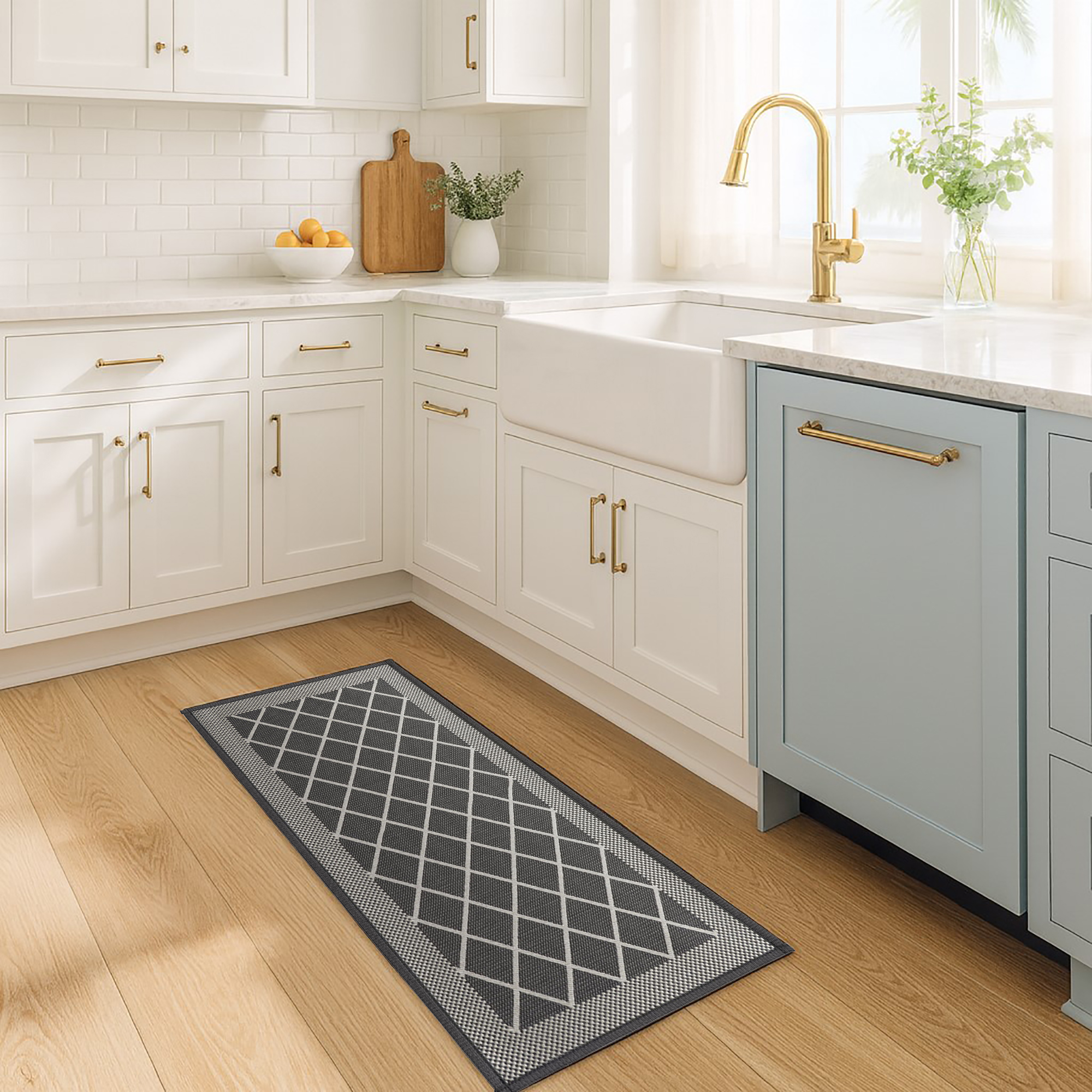 Diamond gray kitchen runner displayed in sunlit farmhouse kitchen