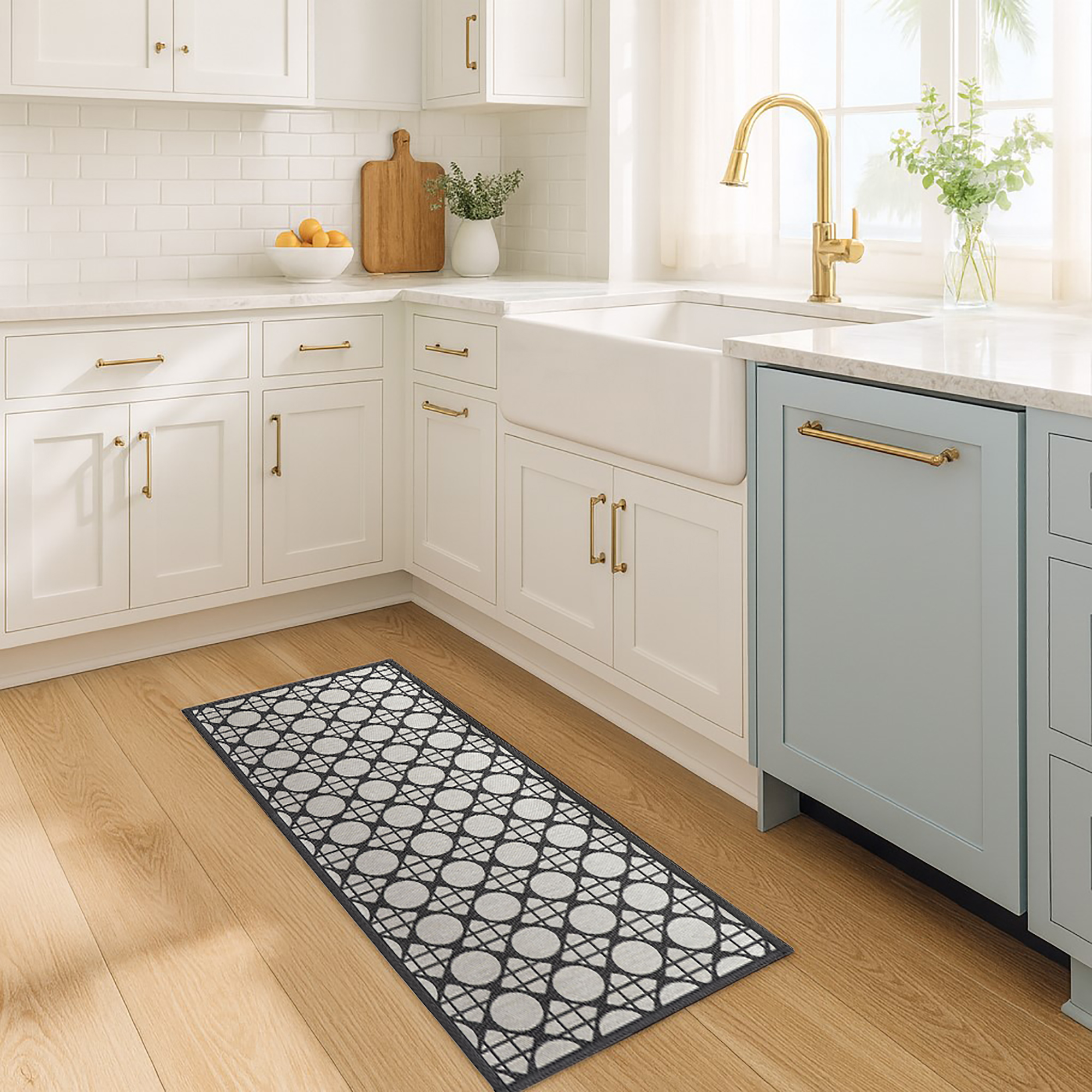 Circles gray kitchen runner displayed in sunlit farmhouse kitchen