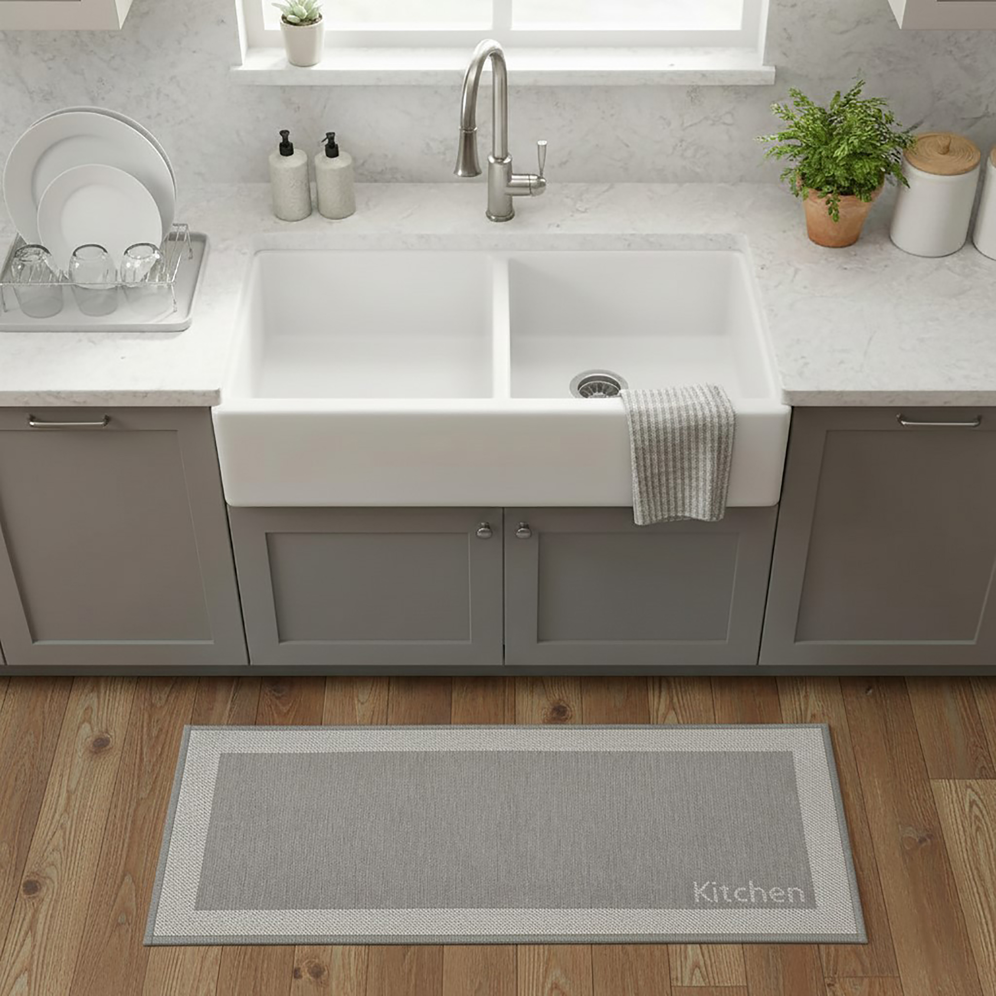 Kitchen beige mat with border displayed in farmhouse kitchen