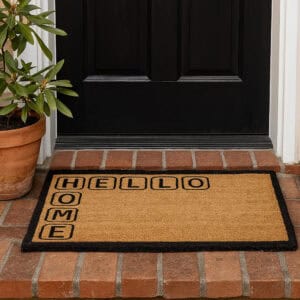 HELLO HOME doormat at black front door