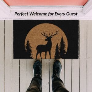 Top view reindeer doormat at entryway with shoes