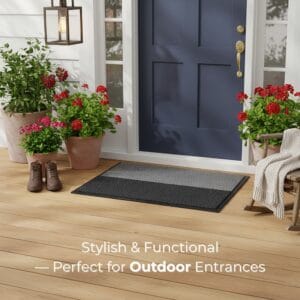 Doormat at blue front door with outdoor plants and boots