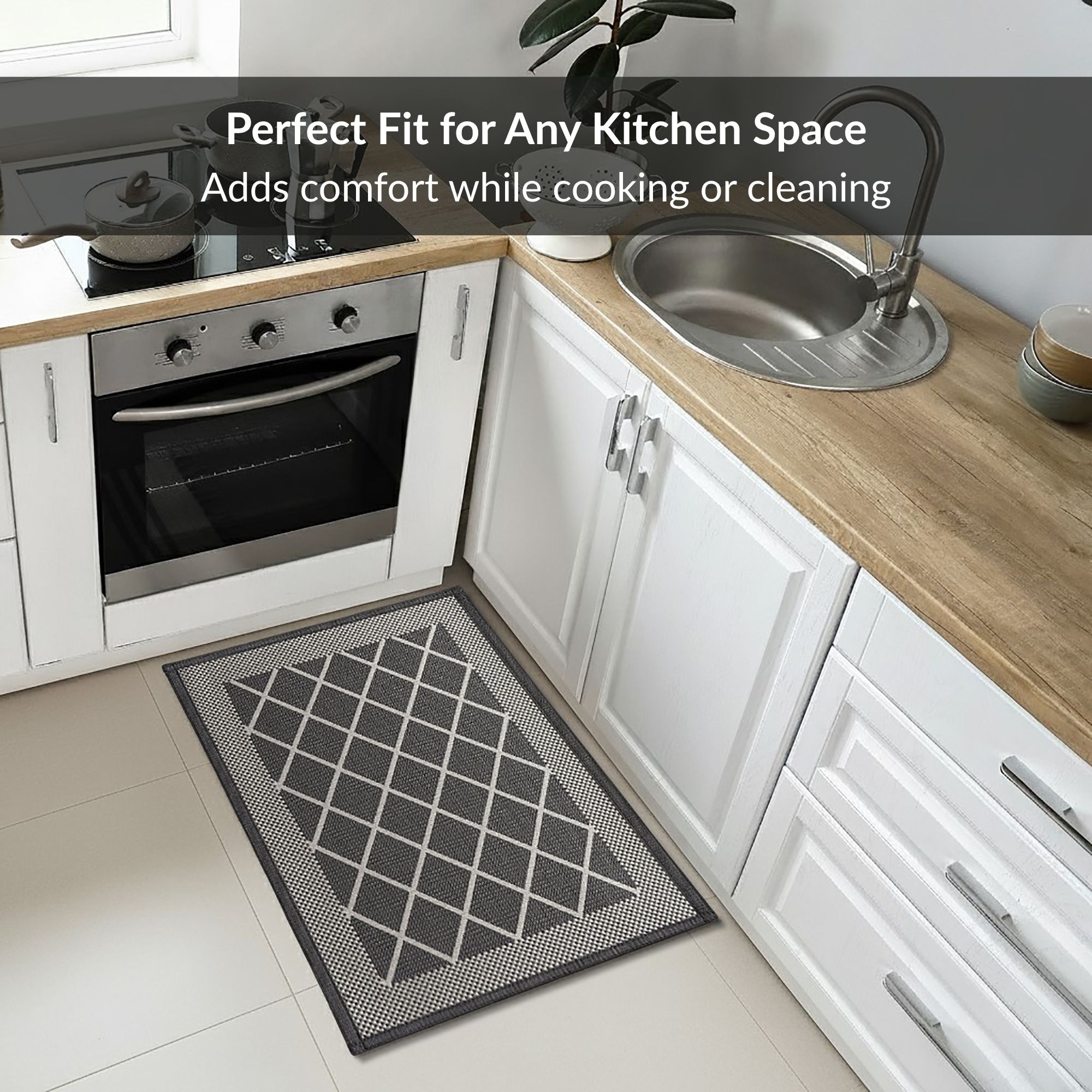 Compact diamond gray kitchen mat placed in small corner kitchen area