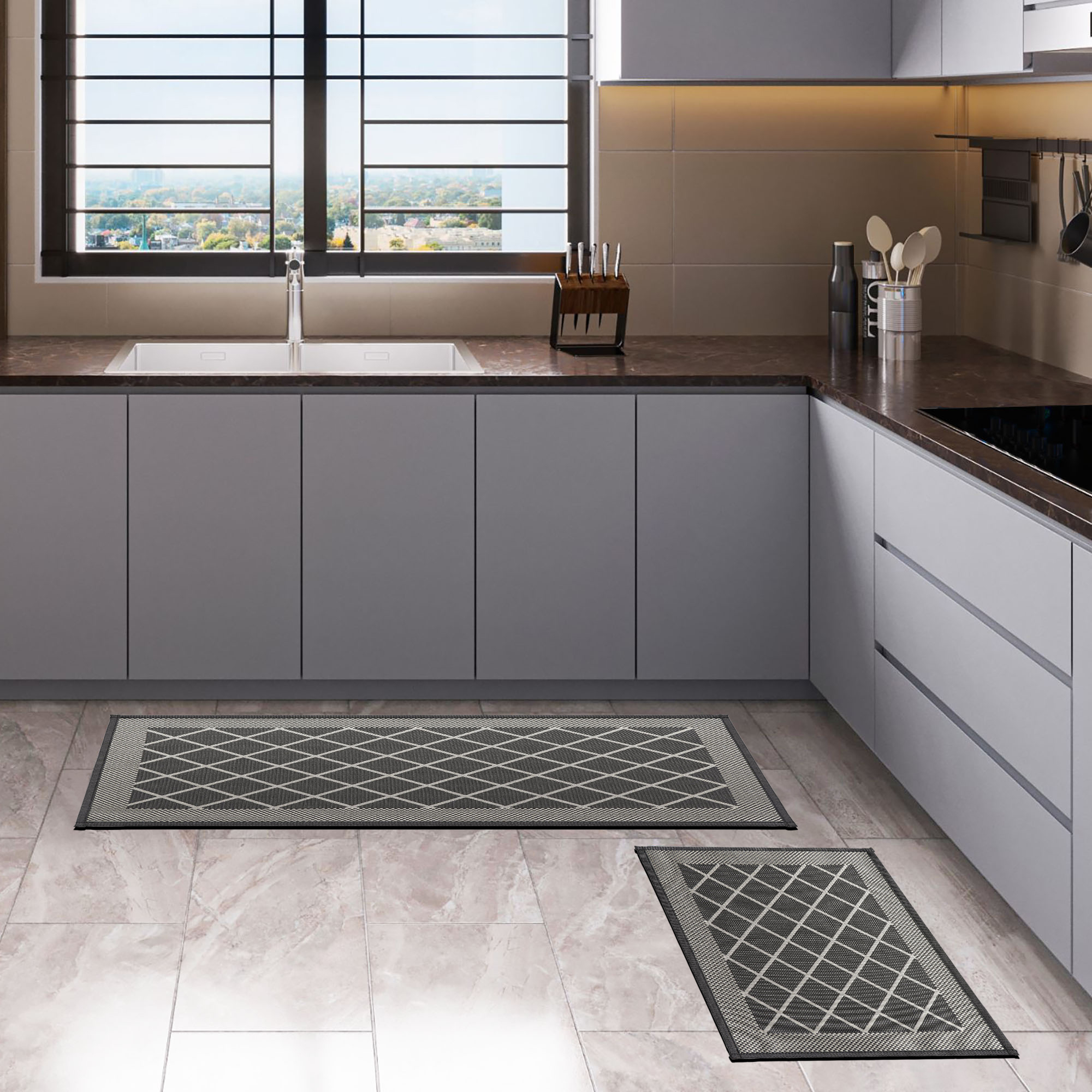 Diamond gray mat and runner set in modern gray kitchen