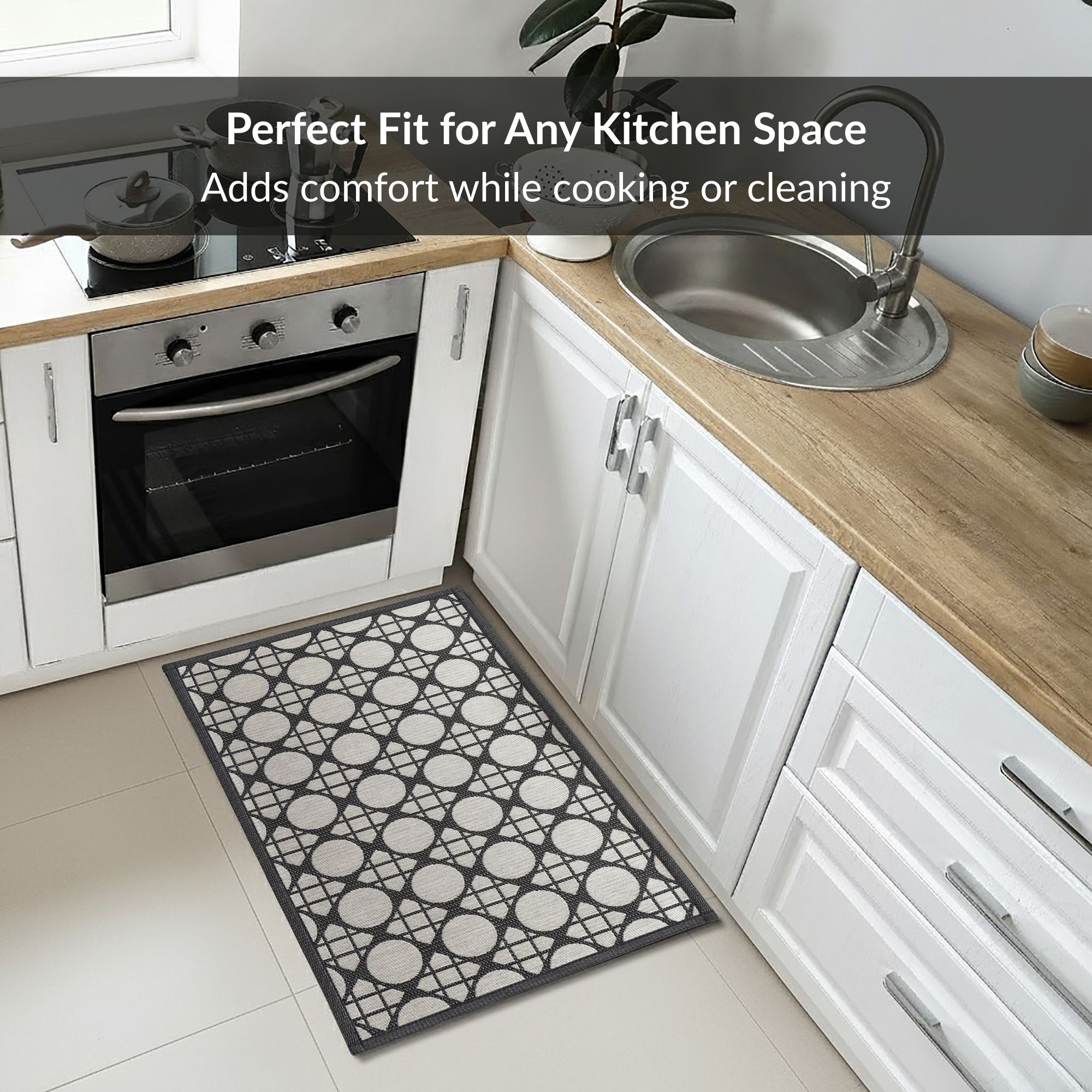 Compact circles gray kitchen mat placed in small corner kitchen area