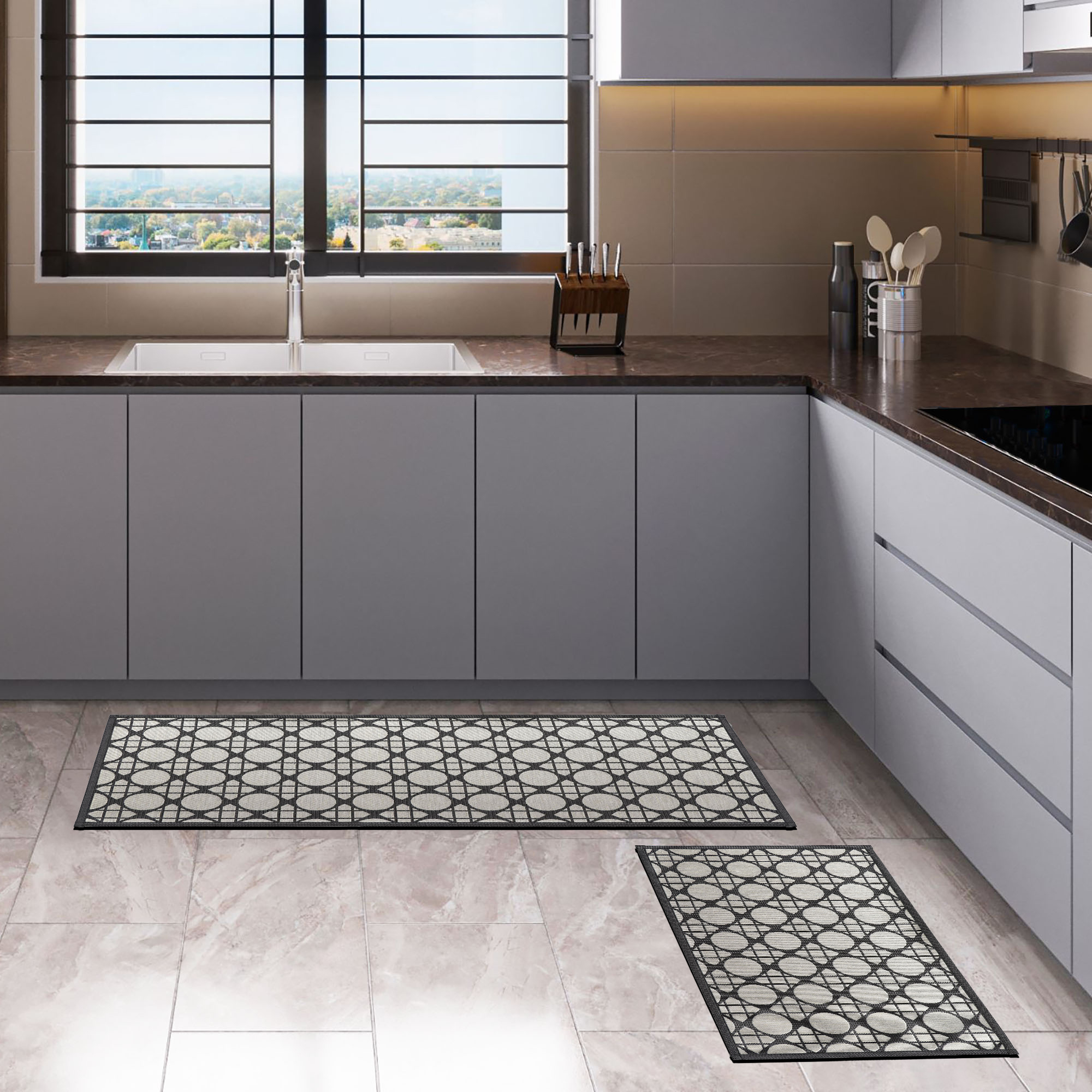 Circles gray mat and runner set in modern gray kitchen