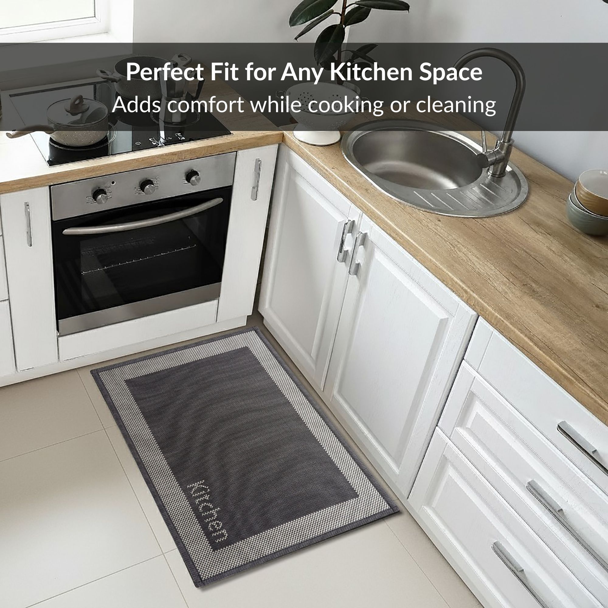 Kitchen mat placed in compact corner kitchen layout
