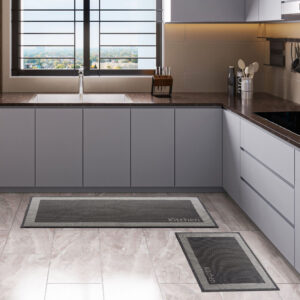 Kitchen black mat and runner set in modern gray kitchen