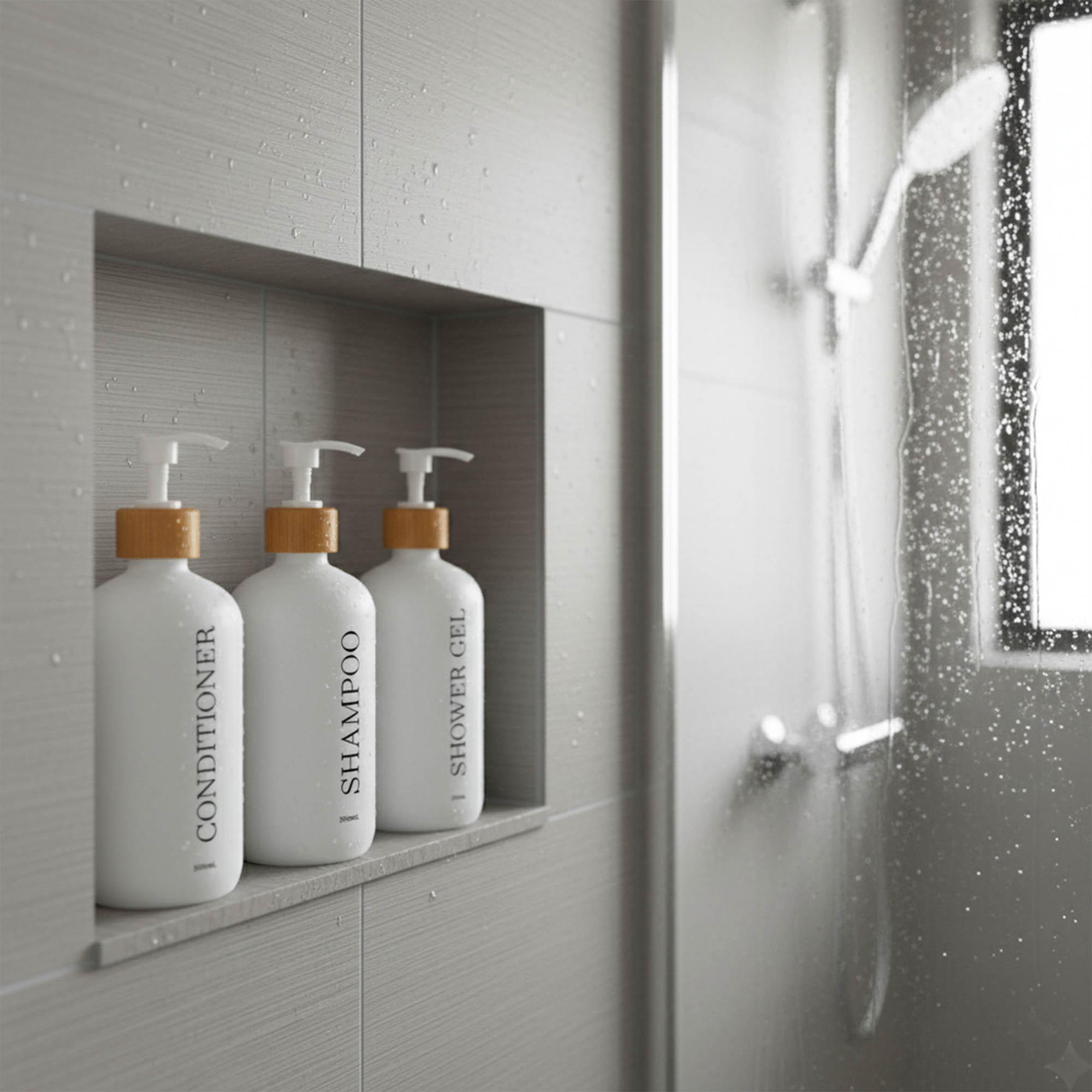 White dispenser trio displayed in modern shower niche
