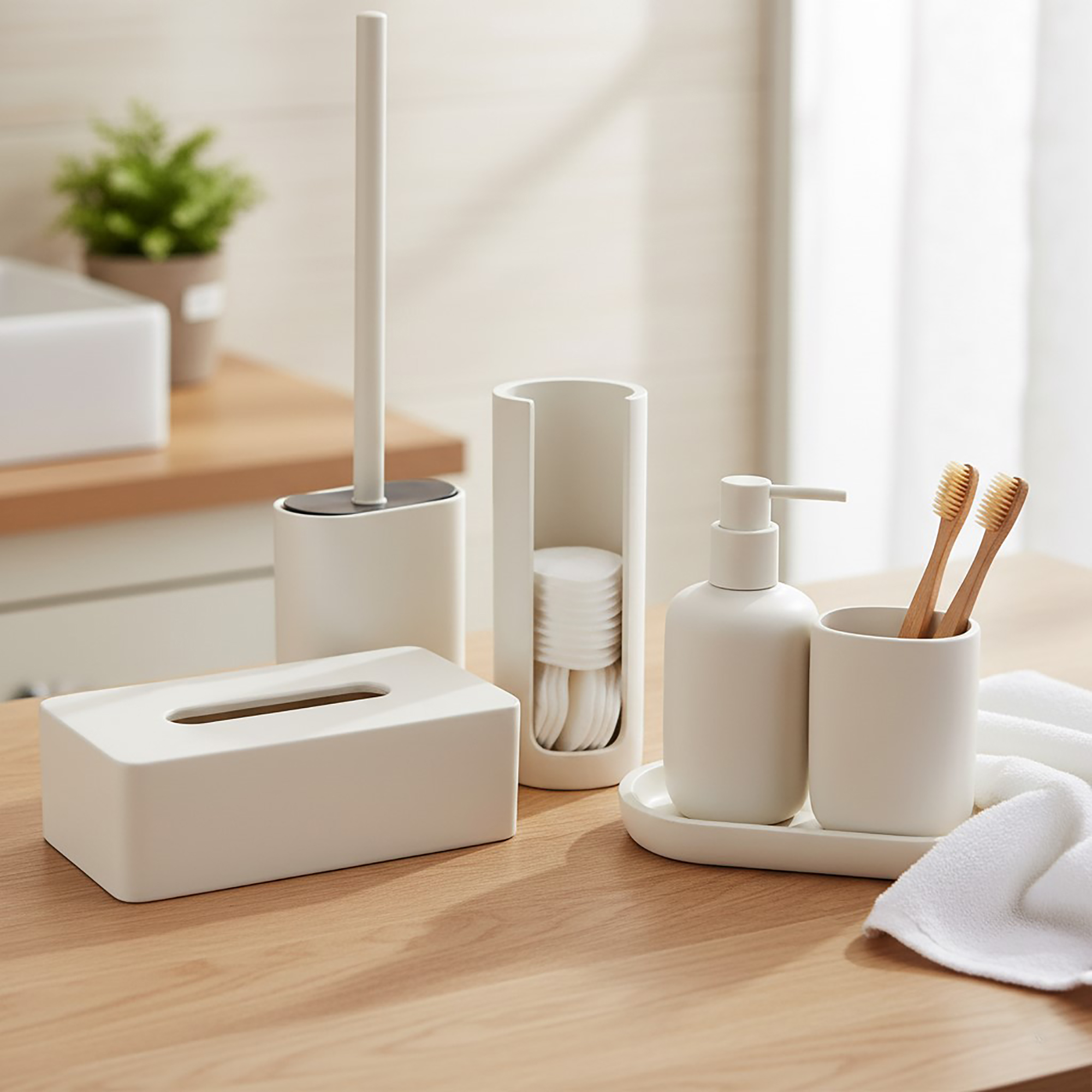 Beige bathroom accessories displayed on countertop near window