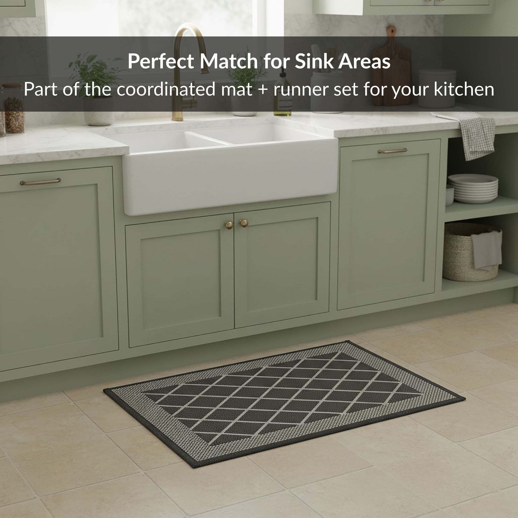 Diamond gray small mat placed by farmhouse sink