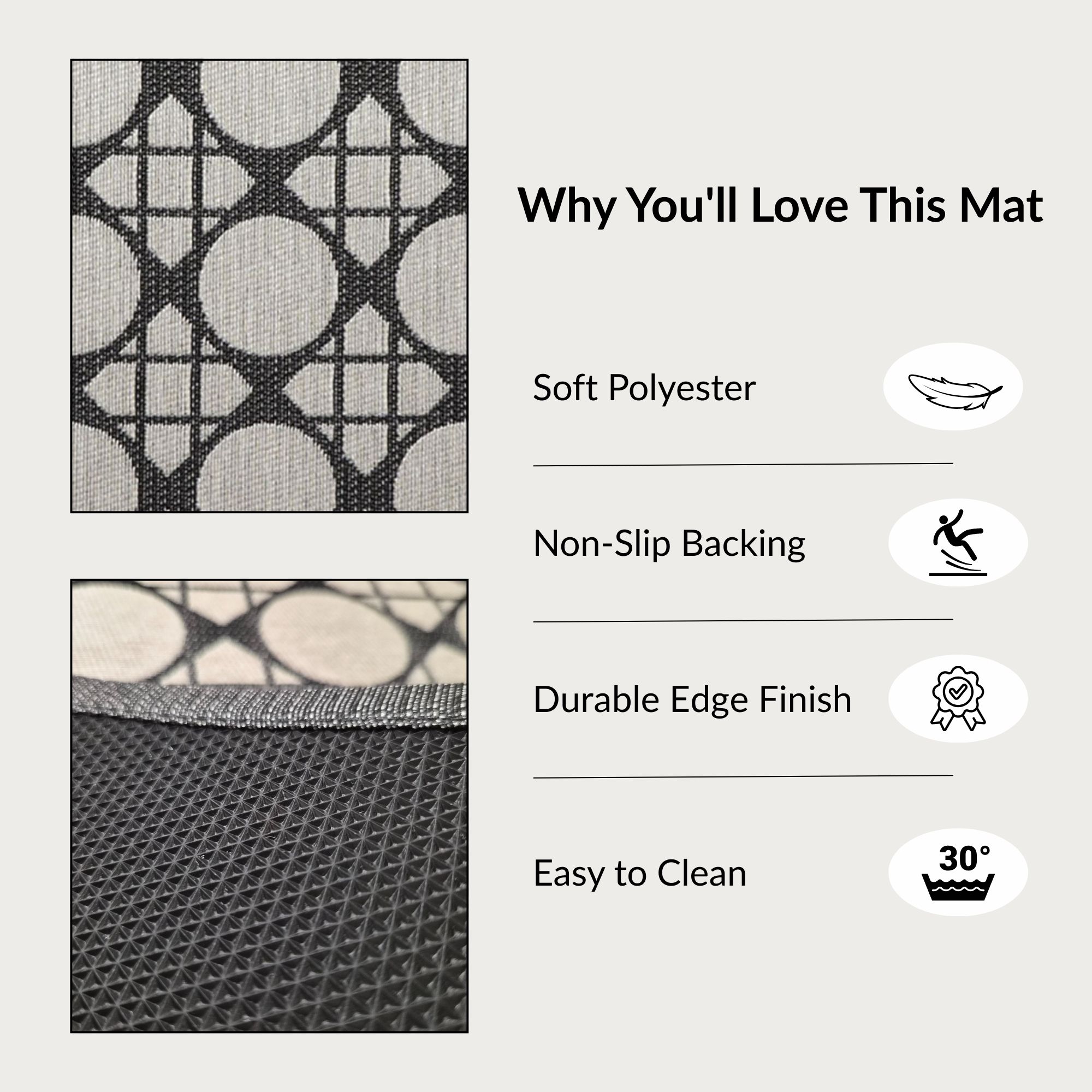 Close-up of circles pattern kitchen mat texture non-slip backing edge finish