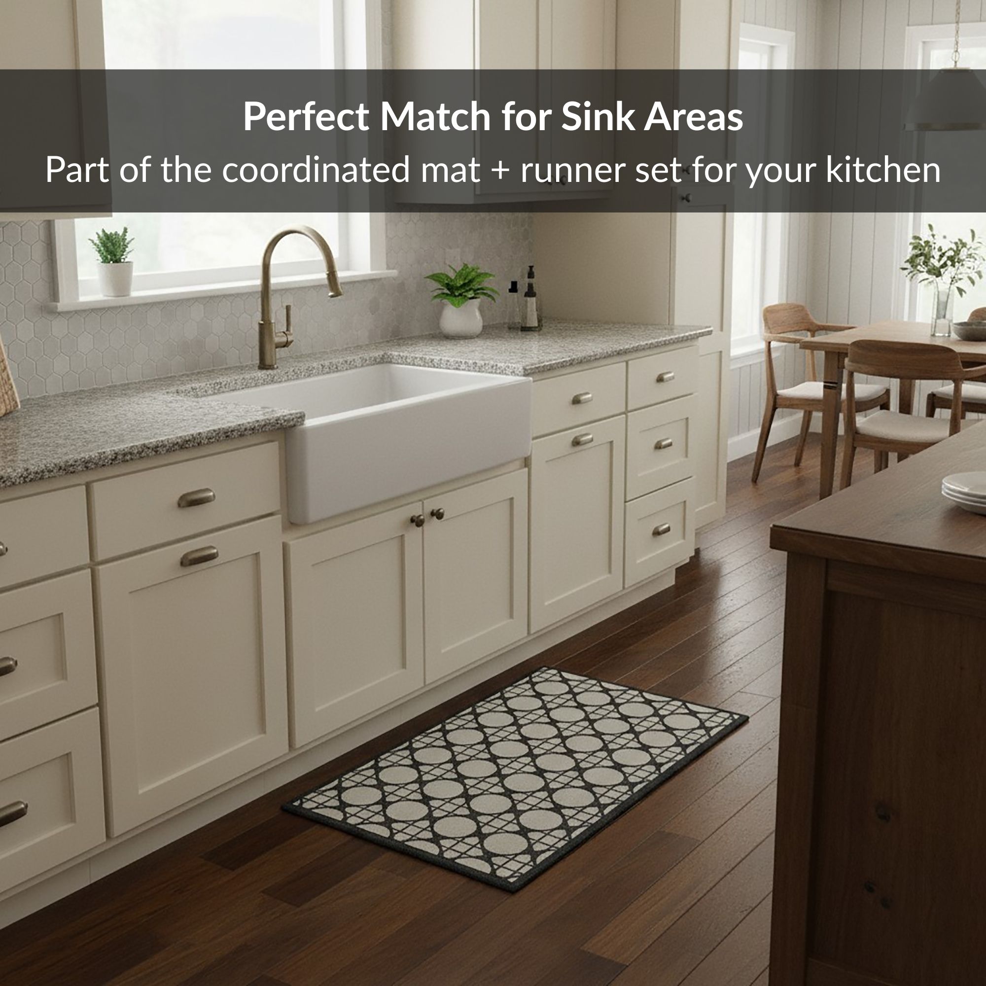 Circles gray small mat placed by farmhouse sink