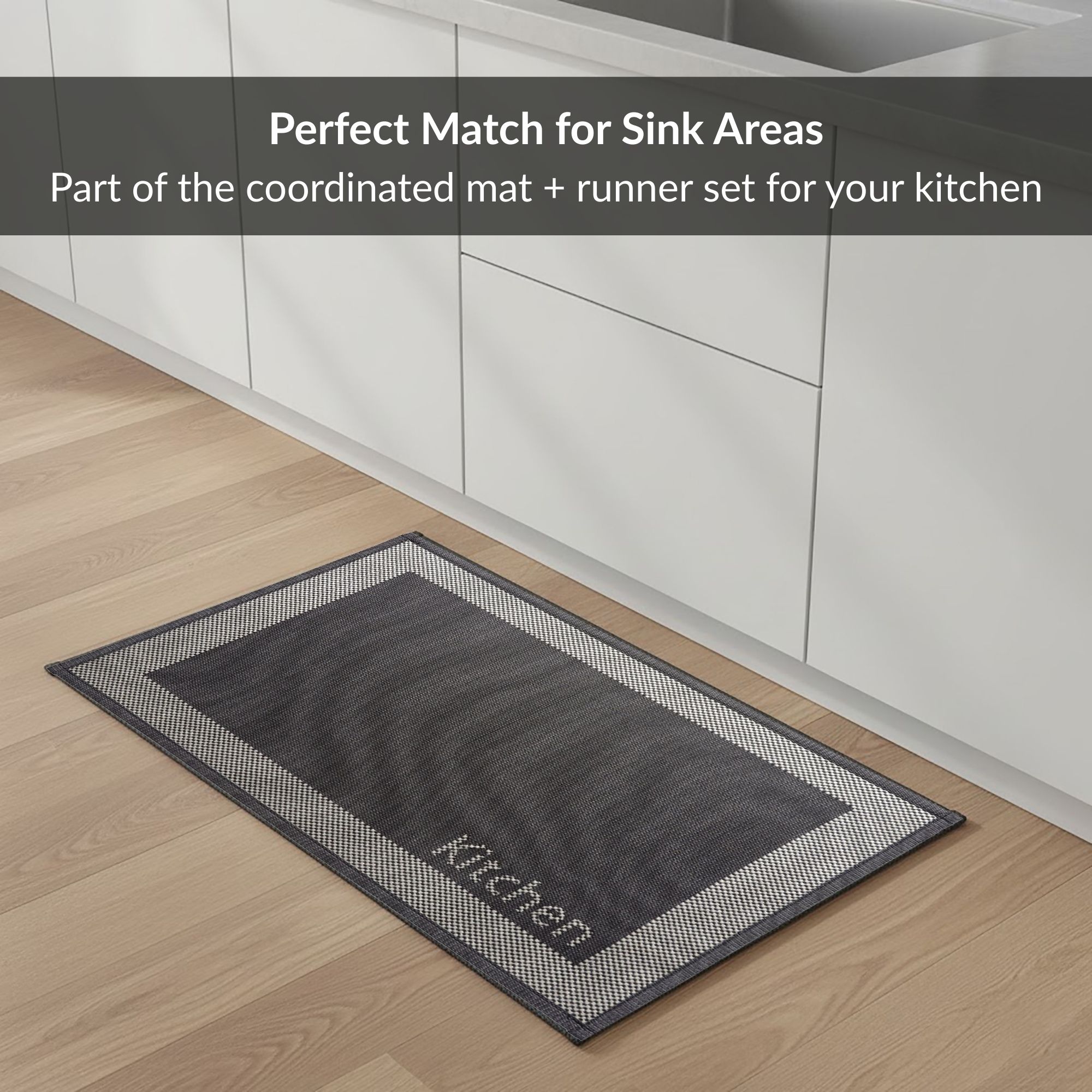 Kitchen black mat placed in white kitchen