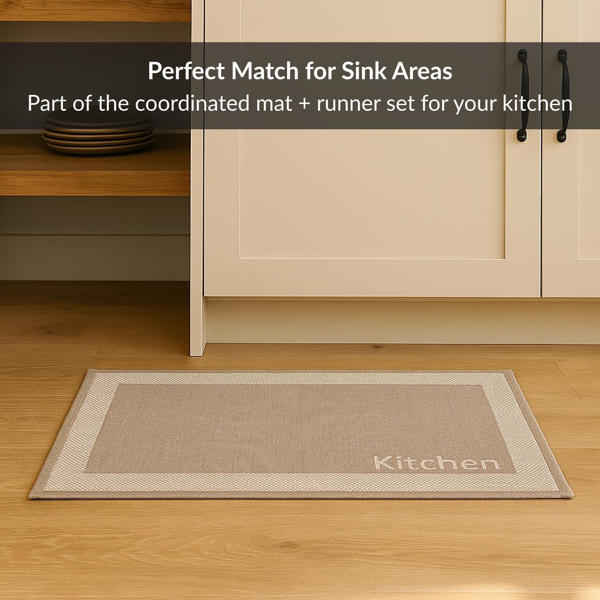Kitchen taupe small mat placed on wooden floor