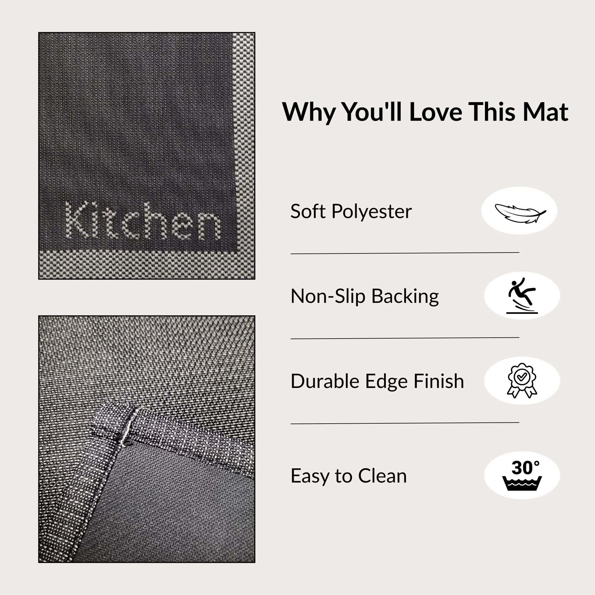 Close-up of kitchen black mat showing texture and non-slip backing