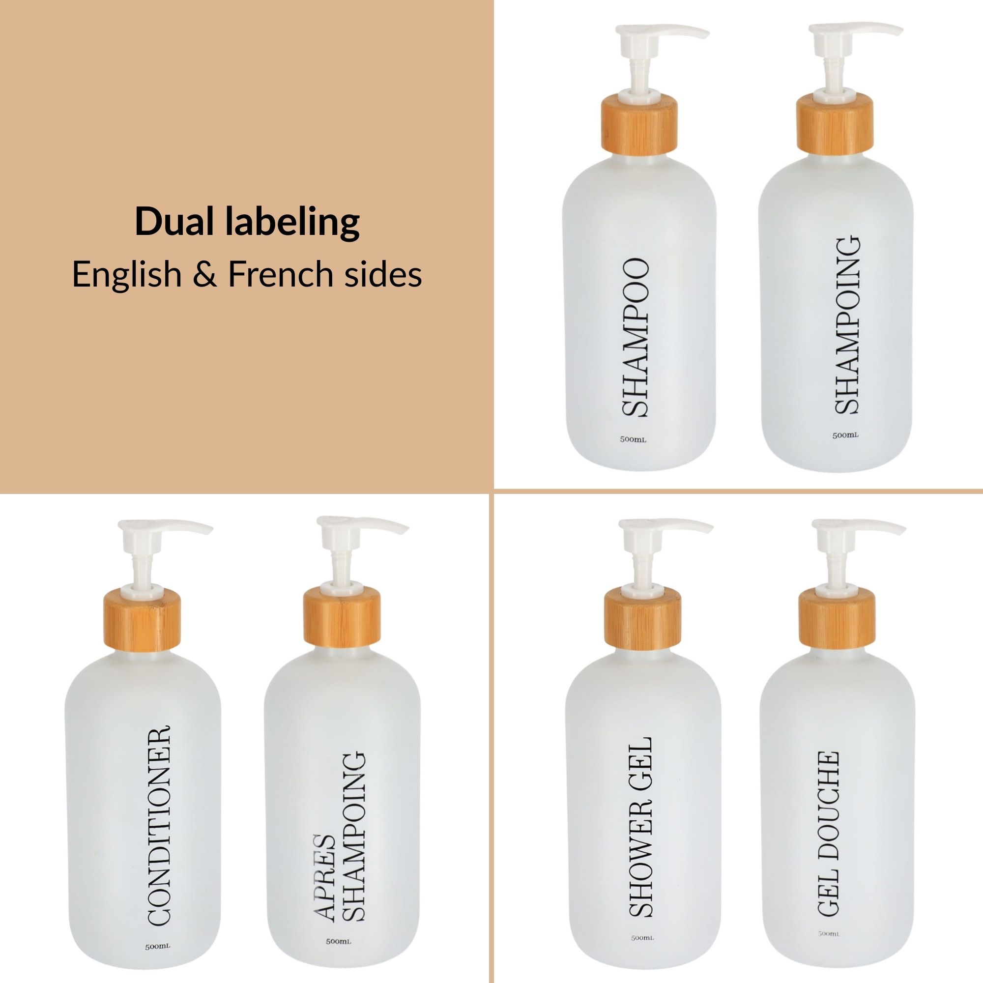 Dual-label bottles showing English and French text
