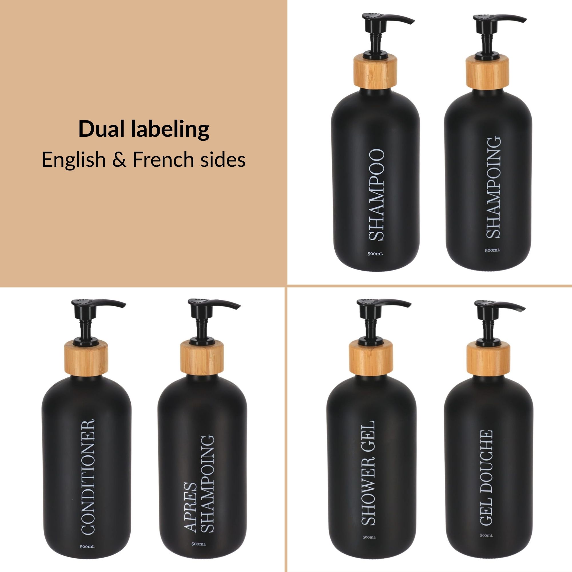 Dual-label black bottles showing English and French text