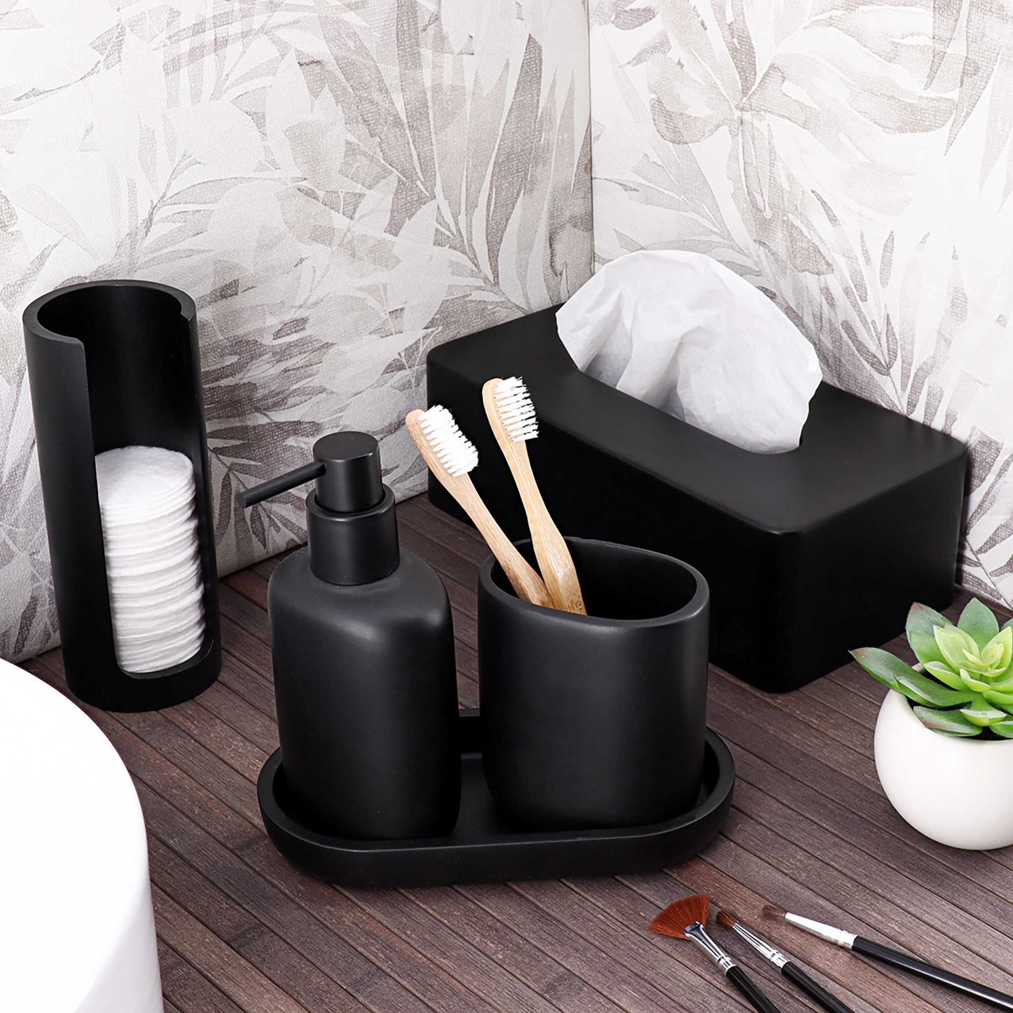 Coordinated black accessories with toothbrushes and tissues