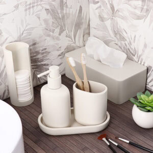 Coordinated beige accessories with toothbrushes and tissues