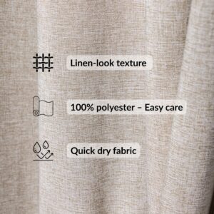 Close-up of taupe linen-look texture with fabric feature icons