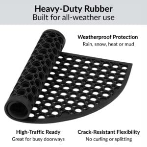 Rolled black rubber doormat displaying flexible design