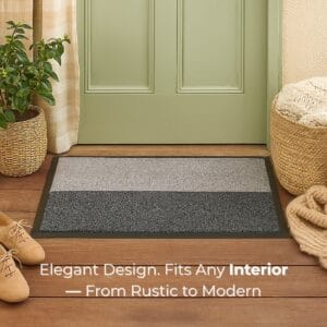 Gray striped doormat in cozy indoor entry with green door