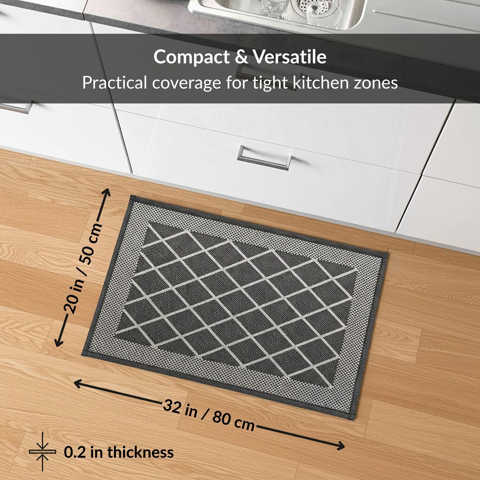 Kitchen mat size guide showing 20x32 inches and low profile thickness