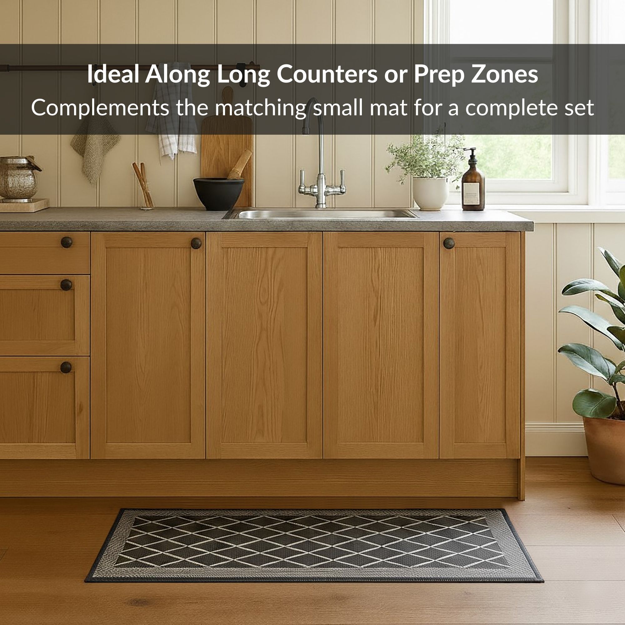 Diamond gray runner styled in wood cabinet kitchen