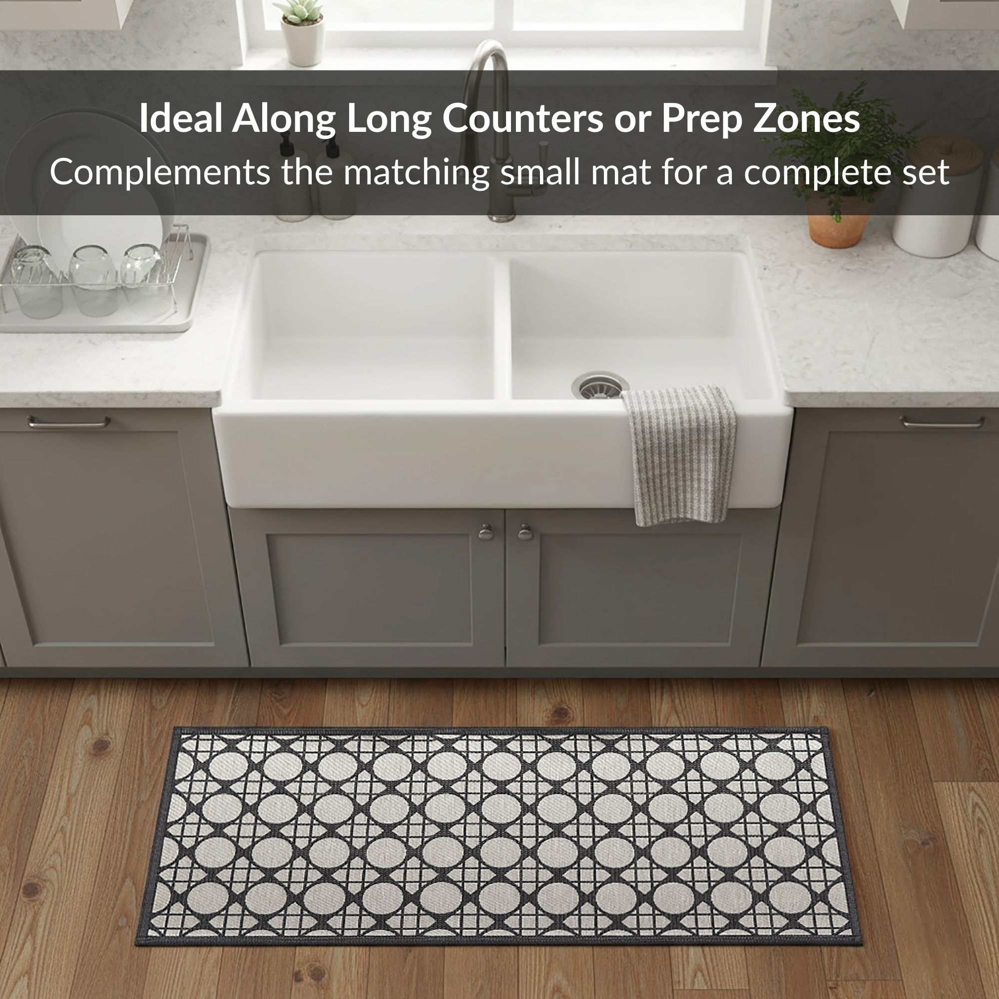 Circles gray runner styled in gray cabinet kitchen