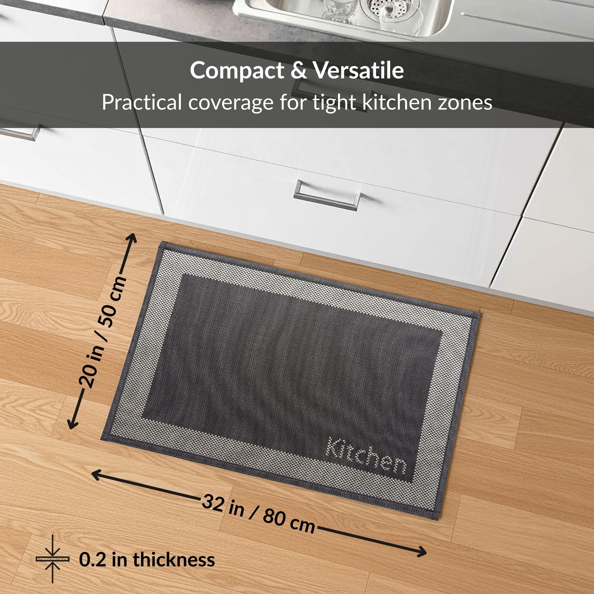 Kitchen mat size guide showing 20x32 inches dimensions and thickness