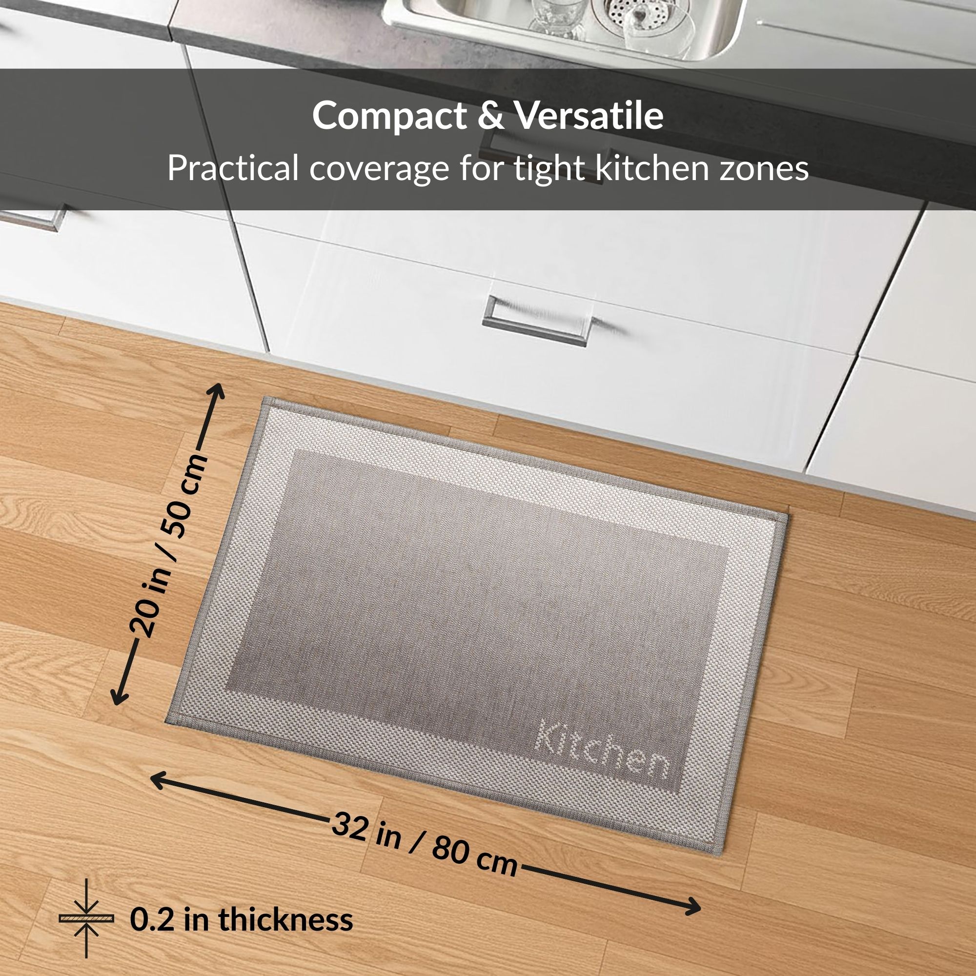 Kitchen mat size guide showing 20x32 inches dimensions and thickness