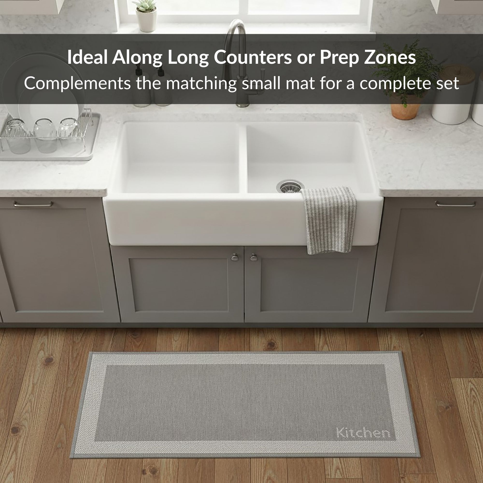 Kitchen taupe runner styled in farmhouse kitchen