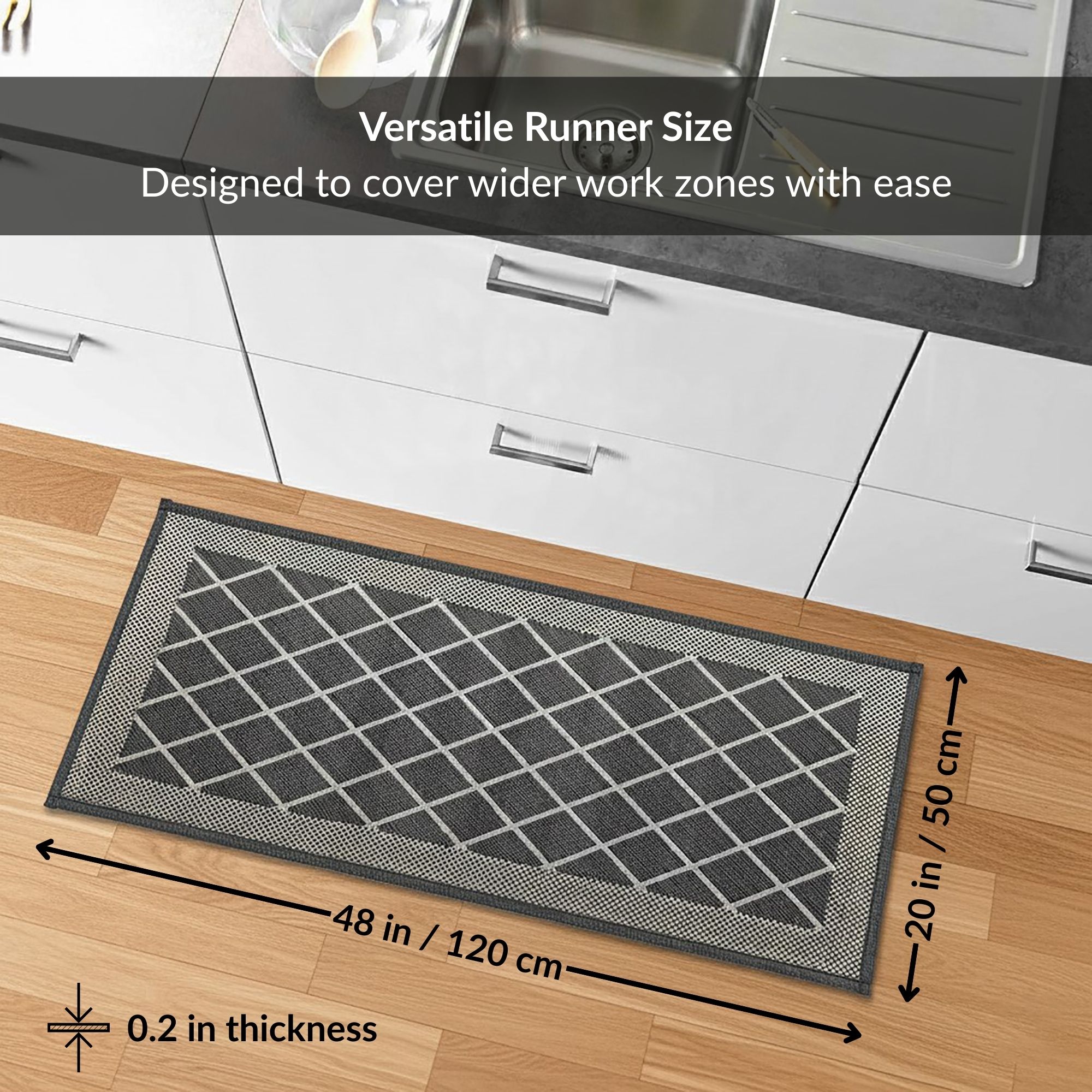 Kitchen runner size guide showing 20x48 inches dimensions and thickness