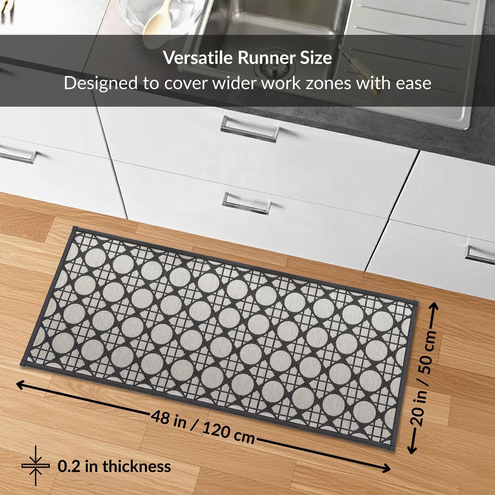 Kitchen runner size guide showing 20x48 inches dimensions and thickness