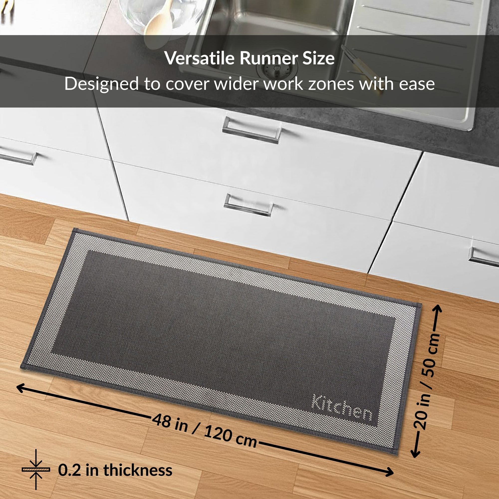 Kitchen runner size guide showing 20x48 inches dimensions and thickness