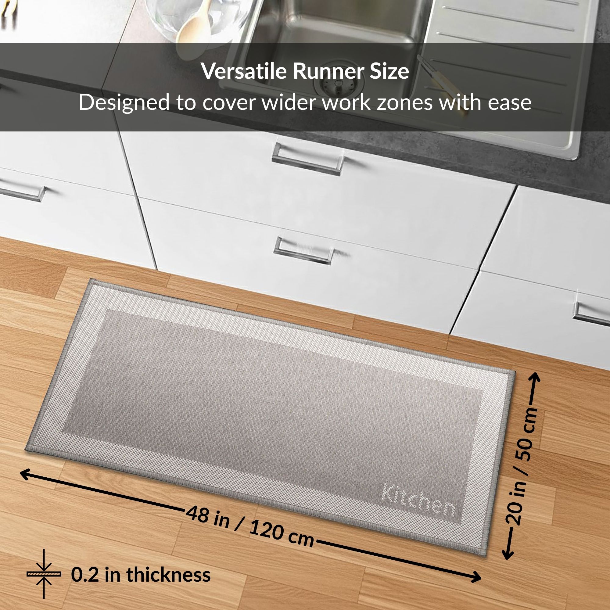 Kitchen runner size guide showing 20x48 inches dimensions and thickness