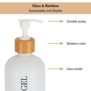 Close-up of glass bottle with bamboo collar and pump