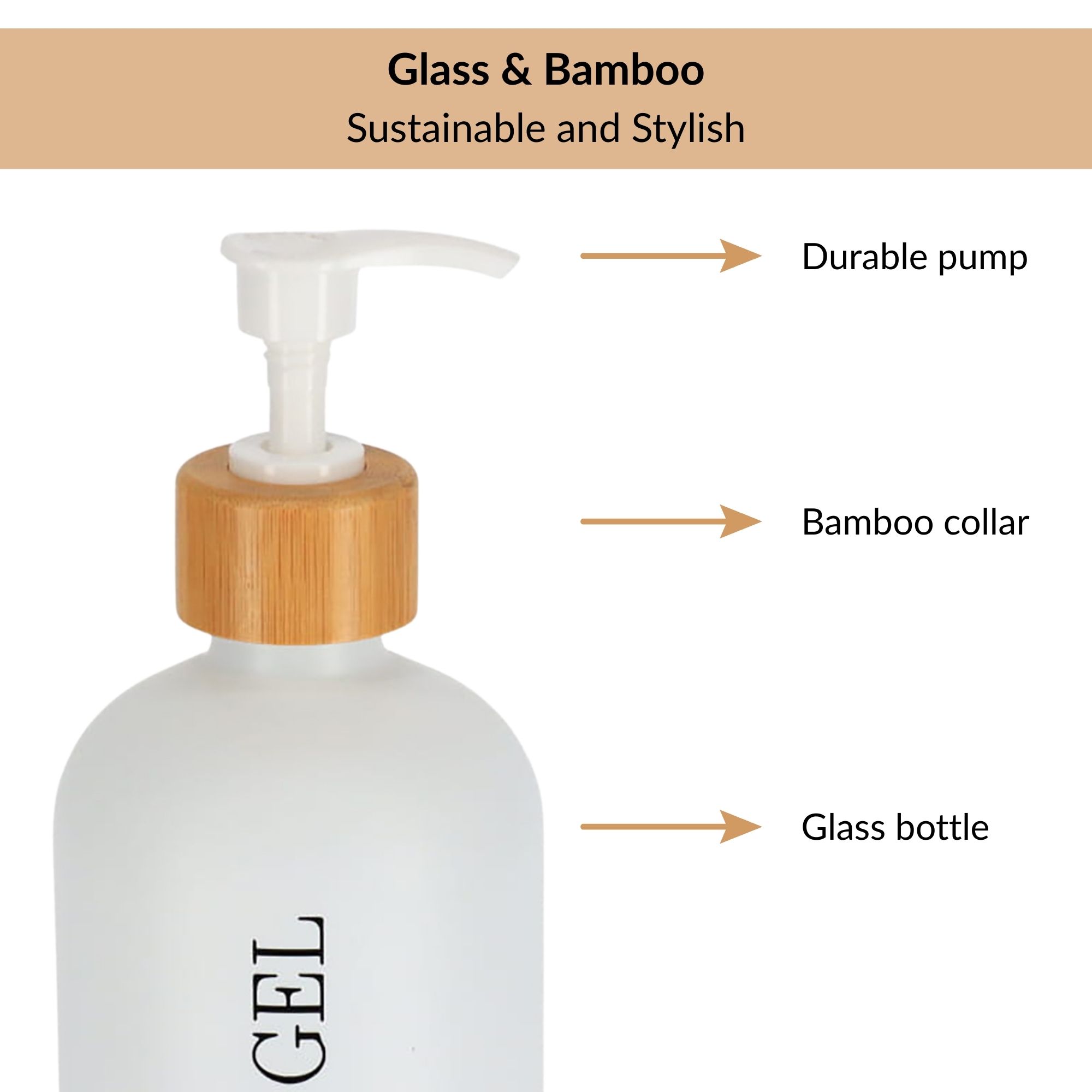 Close-up of glass bottle with bamboo collar and pump