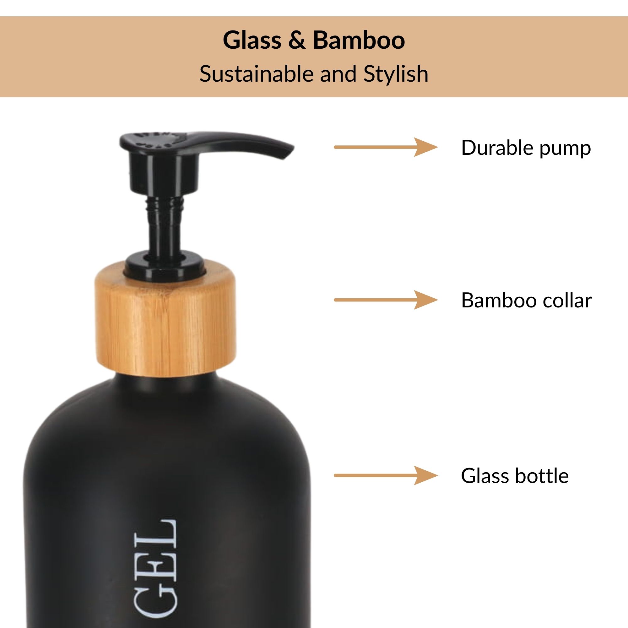 Close-up of black glass bottle with bamboo collar and pump